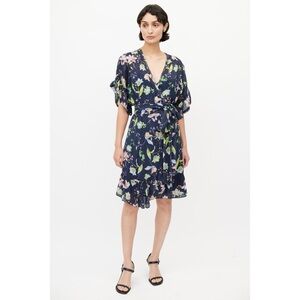 Tanya Taylor Navy & Multicolour Silk Floral Wrap Dress - Size 12